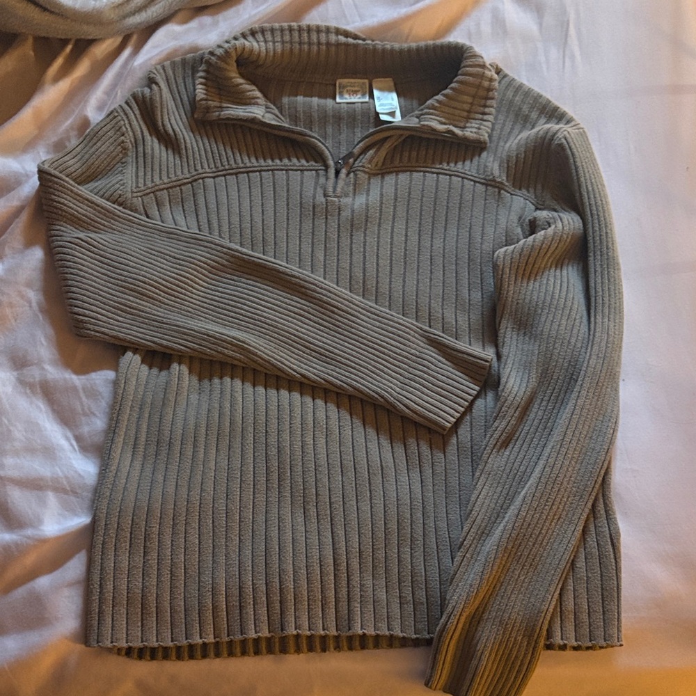Ribbed Tan Quarter-Zip Sweater